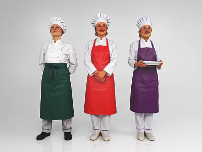 Three Women Chefs Wearing Chef Hats And Colored Aprons Standing Together 3d model