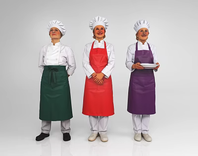 Three Women Chefs Wearing Chef Hats And Colored Aprons Standing Together 3d model
