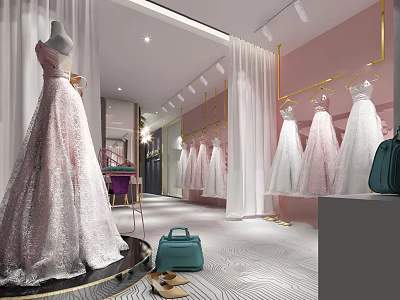 Chic Bridal Shop With Sequined Pink Wedding Dress Display And Hanging Gowns On Golden Hangers 3d model