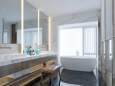 Modern Luxury Bathroom With Marble Walls Double Vanities And Bathtub 3d model