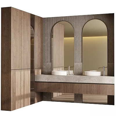 Modern Minimalist Bathroom Vanity With Marble Countertop Double Washbasins Arch Mirrors And Wooden Cabinets 3d model