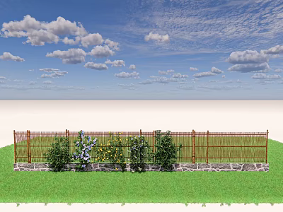 Bamboo Fence With Green Grass And Plants Under Blue Sky With Clouds 3d model
