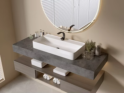 Modern Stylish Bathroom Vanity Cabinet With Gray Countertop White Rectangular Sink Round Mirror Storage Drawers 3d model