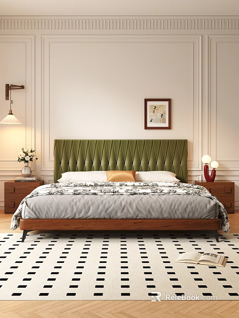 Stylish Double Bed With Green Tufted Headboard Wooden Frame And Nightstands In Modern Bedroom 3d model 