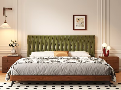 Stylish Double Bed With Green Tufted Headboard Wooden Frame And Nightstands In Modern Bedroom 3d model