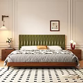 Stylish Double Bed With Green Tufted Headboard Wooden Frame And Nightstands In Modern Bedroom