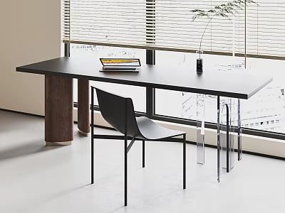 Modern Black Table and Chair Set with Books on Table Near Window Blinds and Plant 3d model
