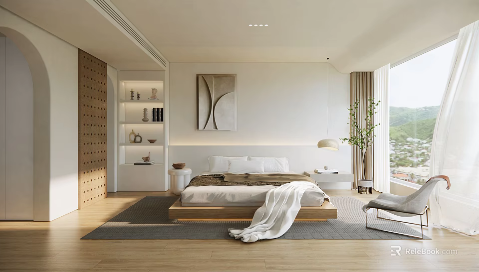 Modern Minimalist Bedroom Interior With Platform Bed Wall Art And Large Window 3d model 