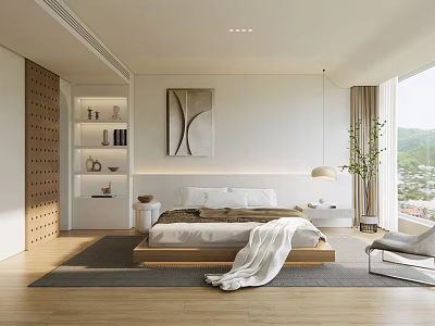 Modern Minimalist Bedroom Interior With Platform Bed Wall Art And Large Window 3d model