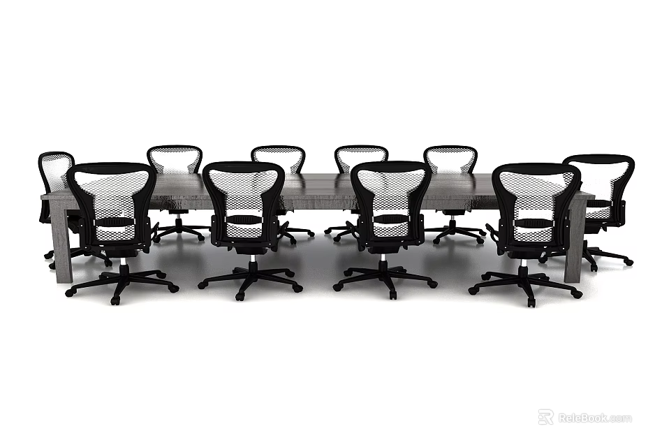 Modern Wooden Conference Table With Multiple Black Mesh Office Chairs 3d model 
