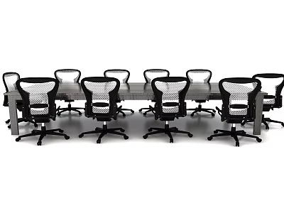 Modern Wooden Conference Table With Multiple Black Mesh Office Chairs 3d model