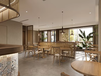 Modern Restaurant Interior Design With Wooden Tables Chairs Hanging Lights Large Windows And Green Plants 3d model