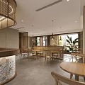 Modern Restaurant Interior Design With Wooden Tables Chairs Hanging Lights Large Windows And Green Plants