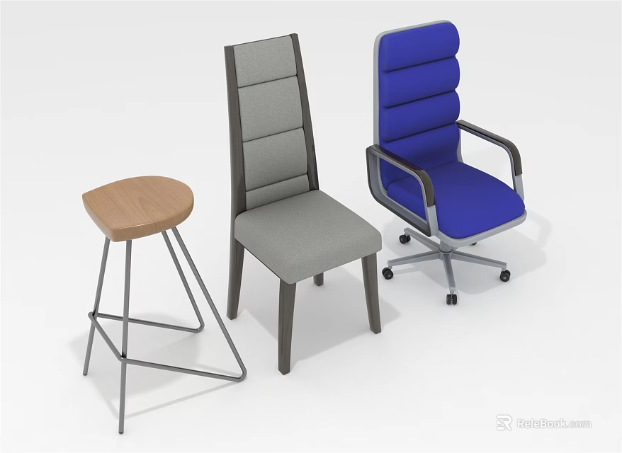 Ergonomic Blue Office Chair With Armrests And Wheels Alongside Gray Chair And Wooden Stool 3d model 
