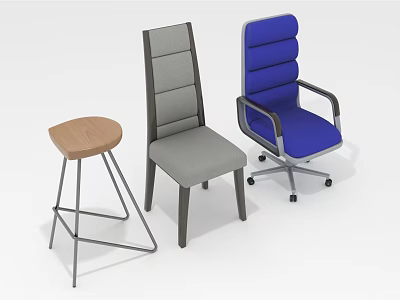 Ergonomic Blue Office Chair With Armrests And Wheels Alongside Gray Chair And Wooden Stool 3d model