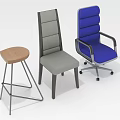 Ergonomic Blue Office Chair With Armrests And Wheels Alongside Gray Chair And Wooden Stool