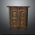 Traditional Painted Wooden Cabinet With Double Doors And Intricate Decorative Figural Motifs