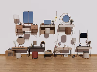 Modern Vanity Designs With Round Mirrors Table Lamps And Decorative Plants On Wooden Floor 3d model