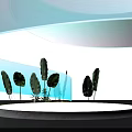 Stage With Black Background White Circular Base Green Plants And Blue Green Gradient Curved Decorations