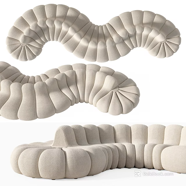 Modern Irregular Sofa With Curved Wave Design And Tufted Fabric Details 3d model 
