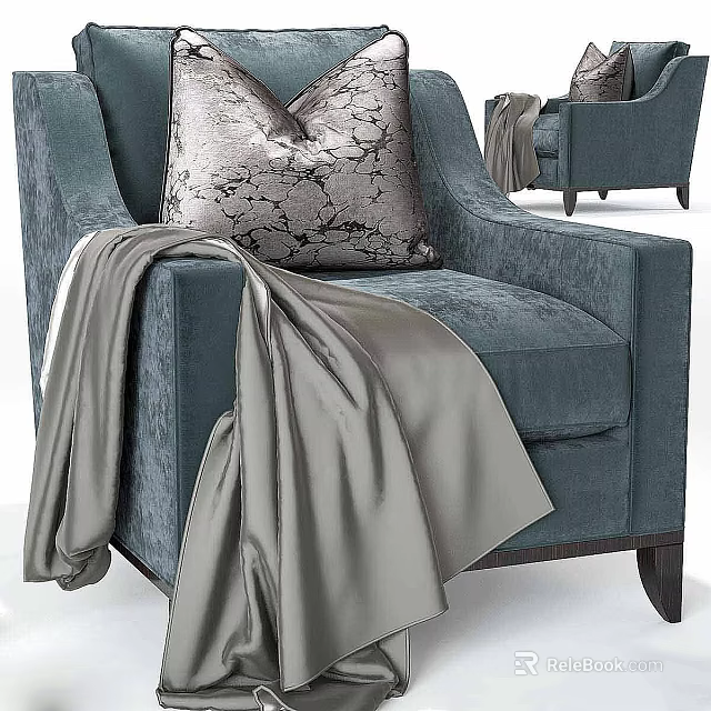 Teal Single Sofa With Patterned Decorative Pillow And Gray Blanket On Armrest 3d model 