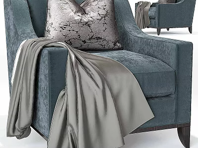 Teal Single Sofa With Patterned Decorative Pillow And Gray Blanket On Armrest 3d model