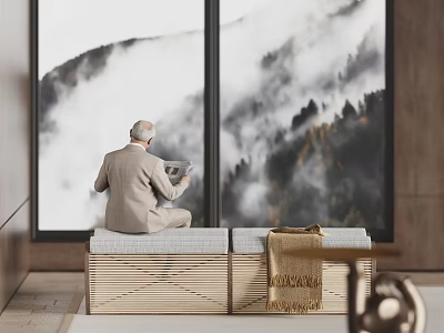Elderly Man Sitting On Wooden Public Bench By Window With Misty Mountain View And Tablet 3d model