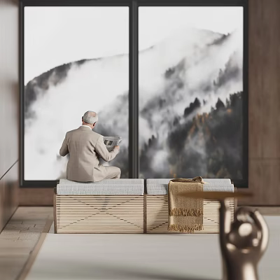 Elderly Man Sitting On Wooden Public Bench By Window With Misty Mountain View And Tablet 3d model