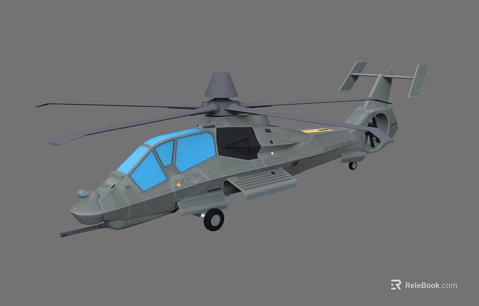 Military Style Gray Helicopter 3D Model With Blue Windows And Front Cannon 3d model 