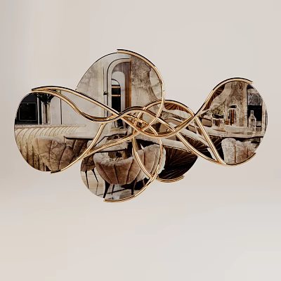 Decorative Circular Mirrors With Gold Metal Frame Reflecting Architectural Scenes 3d model