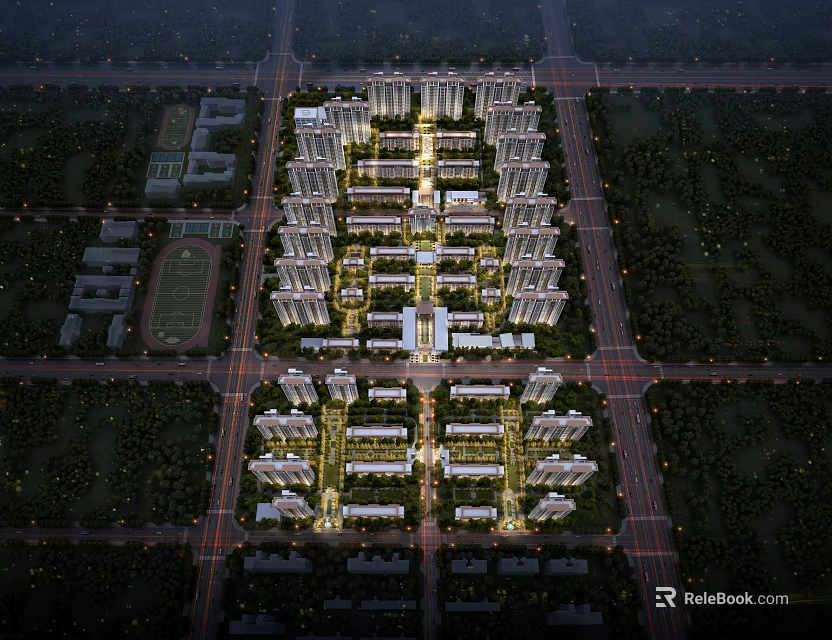 Aerial View Planning of Modern Residential Complex With Orderly Layout Green Spaces and Night Lighting 3d model 