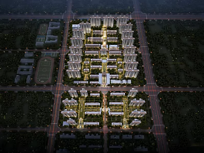 Aerial View Planning of Modern Residential Complex With Orderly Layout Green Spaces and Night Lighting 3d model