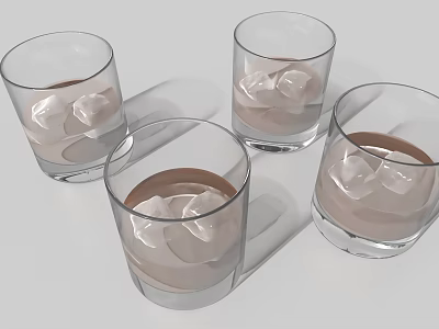 Four Transparent Glasses With Brown Liquid And Ice Cubes On Light Background 3d model