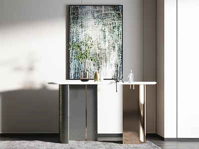 Modern Console Table With White Top Metal Legs Green Plant Vase And Wall Art 3d model