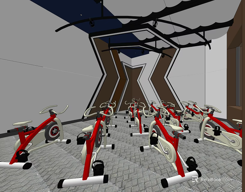 Modern Fitness Studio With Multiple Spin Bikes Geometric Wall And Patterned Floor 3d model 