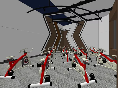 Modern Fitness Studio With Multiple Spin Bikes Geometric Wall And Patterned Floor 3d model