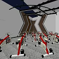 Modern Fitness Studio With Multiple Spin Bikes Geometric Wall And Patterned Floor