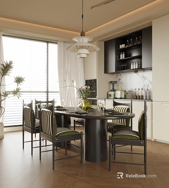 Bright Modern Restaurant Dining Room With Round Table Green Striped Chairs And Large Windows 3d model 