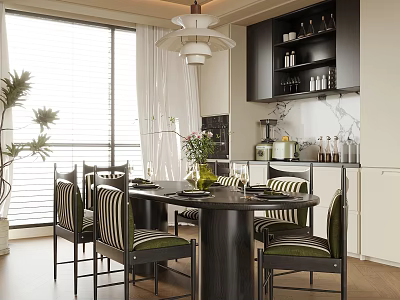 Bright Modern Restaurant Dining Room With Round Table Green Striped Chairs And Large Windows 3d model