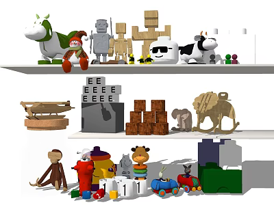 Colorful Assorted Dolls And Animal Figures With Building Blocks And Toy Cars 3d model