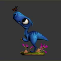 Blue Cartoon Dinosaur With Butterfly On Head On Green Grass Orange Flowers Pink Blades