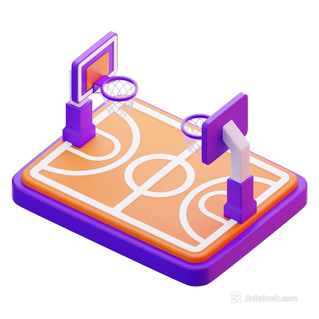 3D Basketball Court Model With Two Hoops Orange Surface Purple Backboards White Lines 3d model 