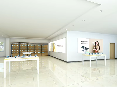 Digital Store Interior With Spacious Layout Display Tables And Shelves Featuring Digital Products 3d model