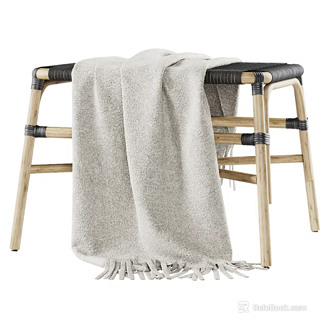 Wooden Stool With Black Seat And Beige Fringed Blanket Draped Over 3d model 