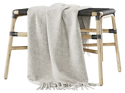 Wooden Stool With Black Seat And Beige Fringed Blanket Draped Over 3d model