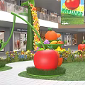 Interactive Zone With Giant Tomato Orange Cherry Sculptures Flowers And Mall Area