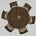 Round Wooden Dining Set With Six Plaid Pattern Chairs For Home Dining Area 3d model