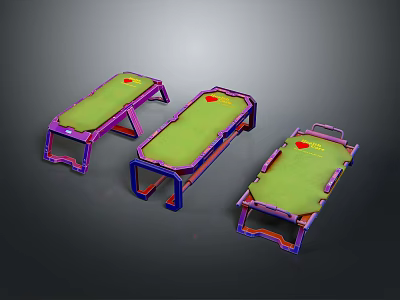 Three Medical Devices with Purple Blue Frames and Green Mats Featuring Red Emblems 3d model