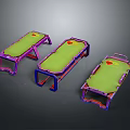 Three Medical Devices with Purple Blue Frames and Green Mats Featuring Red Emblems