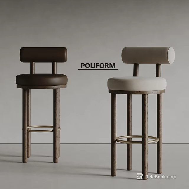 Poliform Modern Bar Stools With Dark Brown And Cream White Leather Seats Wooden Legs Design 3d model 